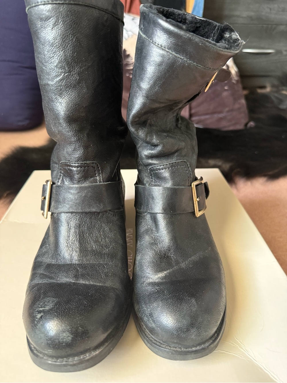 Jimmy Choo Black Leather Lace-Up Mid-Calf Boots with Gold Buckles